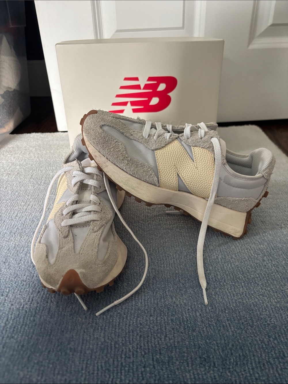 New Balance Beige Gray White Retro-Style Sneakers